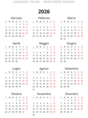 Sіmple 2026 Italian calendar. Png illustration for Italy