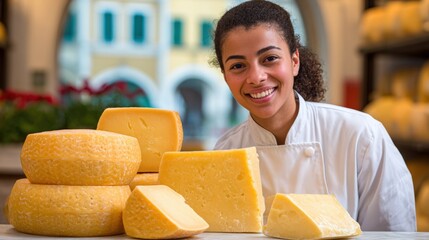 Smiling woman in white chef coat stands behind a variety of cheese wheels and slices, showcasing artisanal dairy products in a vibrant market setting with colorful background
