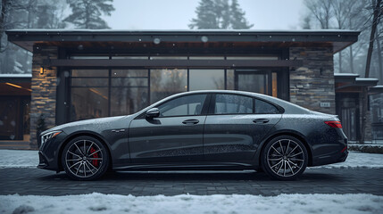 Sleek gray sedan parked in front of a modern home during a snowfall.