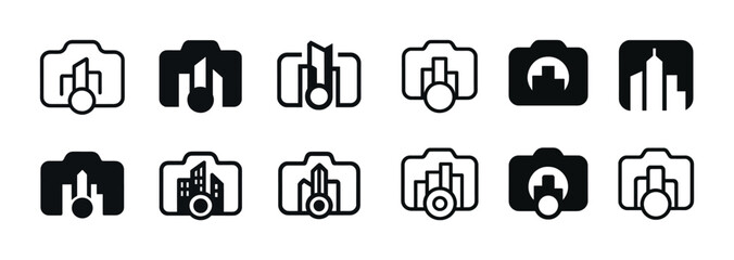 Black and white camera icons with cityscape elements