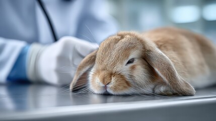 Cute brown rabbit resting on a veterinary examination table, with a gloved hand gently touching its fur, showcasing a caring and professional animal care environment