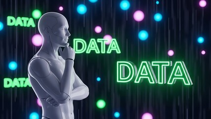 Artificial intelligence robot pondering data in a futuristic digital environment