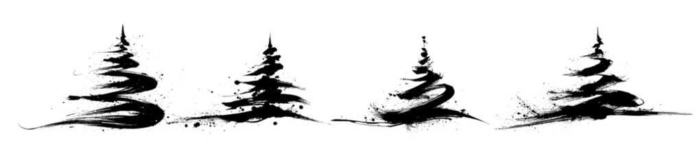 Ink brush Christmas tree with expressive splatter strokes in bold oriental festive design