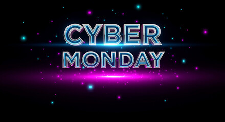 Metallic lettering of Cyber Monday on a black backdrop with blue and magenta sparkles, representing technology and sales event for promotion and banner use