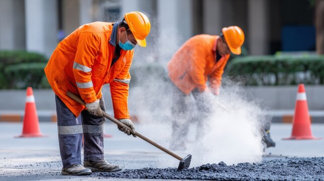 Construction workers in bright orange safety gear are repairing asphalt on a city street, surrounded by traffic cones, showcasing teamwork and dedication to urban infrastructure