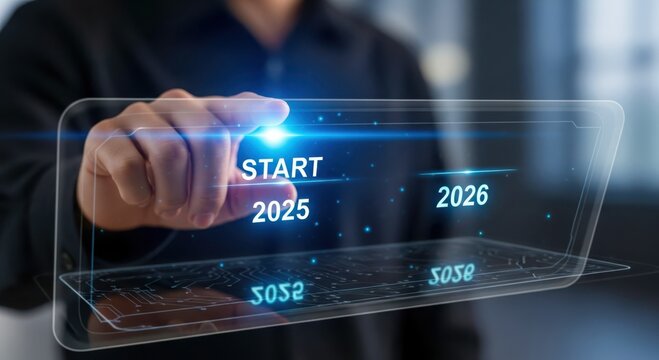 Hand interacting with futuristic holographic display showing start date 2025