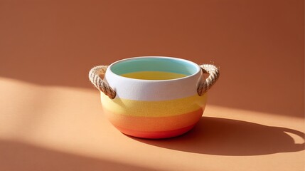 vibrant porcelain bowl with gradient colors, braided handle, striped pattern under warm sun.