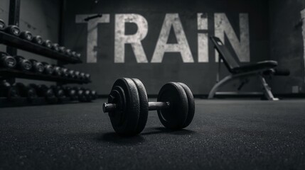 A single heavy dumbbell rests on the dark gym floor in front of a weight rack and bench, with the word train painted on the wall in a motivational fitness setting