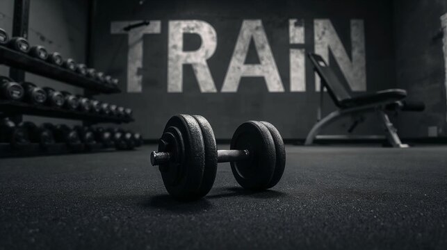 A single heavy dumbbell rests on the dark gym floor in front of a weight rack and bench, with the word train painted on the wall in a motivational fitness setting