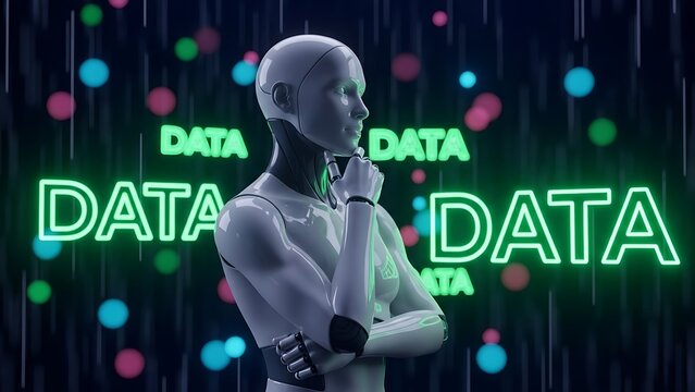 Artificial intelligence robot pondering data in a futuristic digital environment