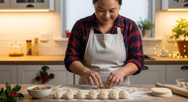Asian woman wearing an apron preparing homemade dumplings (Khinkali) in a cozy holiday kitchen. - Powered by Adobe