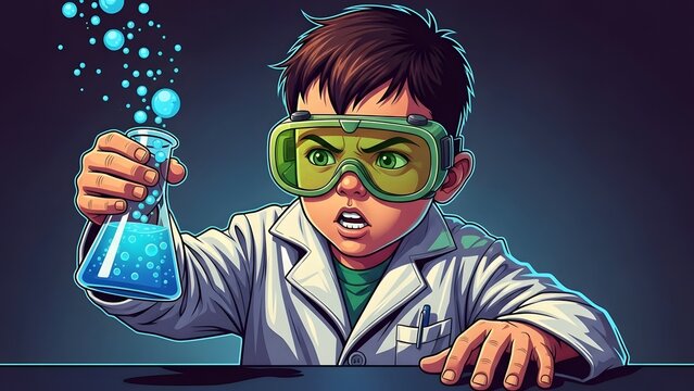 Young boy scientist performing chemistry experiment with beaker and safety goggles
