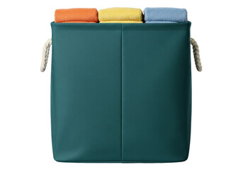 Isolated teal laundry basket with towels for home decor and storage; studio shot, close-up