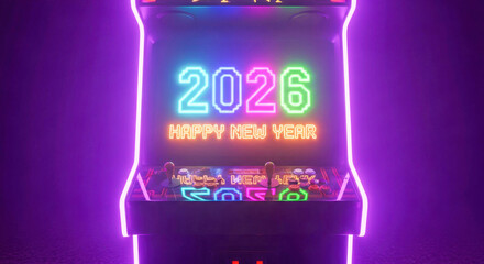Vibrant retro arcade machine displaying 2026 happy new year neon sign for celebration. isolated on white background, Vector