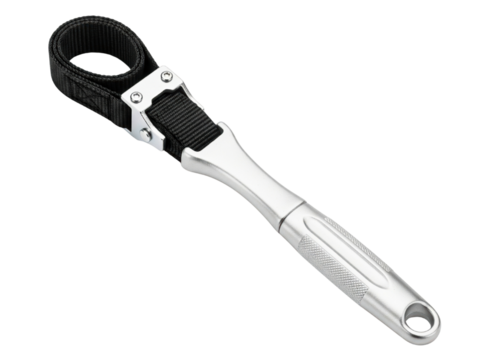 Silver strap wrench tool with black nylon belt for mechanics on a transparent background