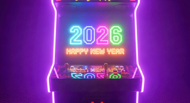 Vibrant retro arcade machine displaying 2026 happy new year neon sign for celebration. isolated on white background, Vector