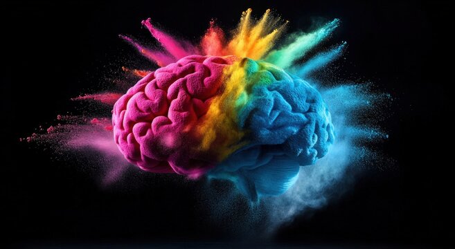 A vibrant, artistic representation of a brain exploding with colorful powder, symbolizing creativity and mental energy.