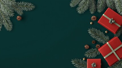 Christmas background with red gift boxes, green branches, and festive decorations on a dark green background, suitable for social media posts, advertisements, and Christmas card concept designs.