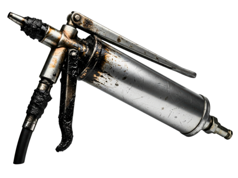 Dirty mechanic grease gun with black oil residue and grime on a transparent background