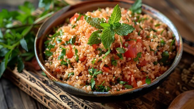 Close up of tabbouleh salad in a bowl garnished with mint on a wooden surface with parsley leaves - Powered by Adobe