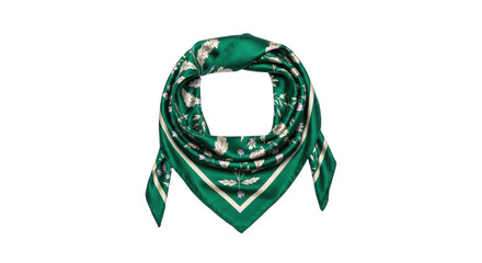 Isolated elegant green silk scarf, fashion accessory with botanical print and border pattern