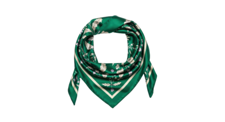 Isolated elegant green silk scarf, fashion accessory with botanical print and border pattern