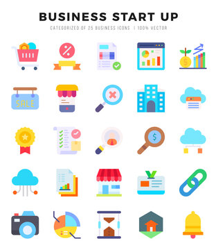 Collection of Business Start Up 25 Flat Icons Pack.
