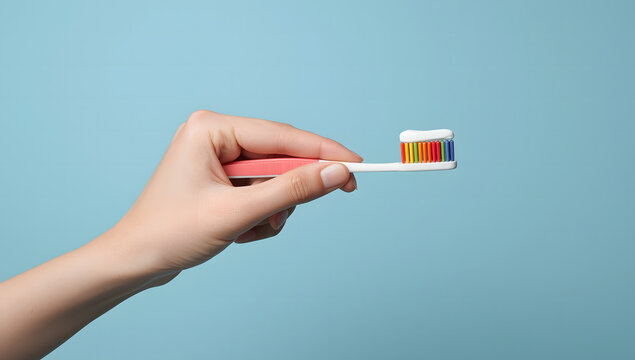 A person's hand holding a toothbrush with toothpaste applied against a blue backdrop.