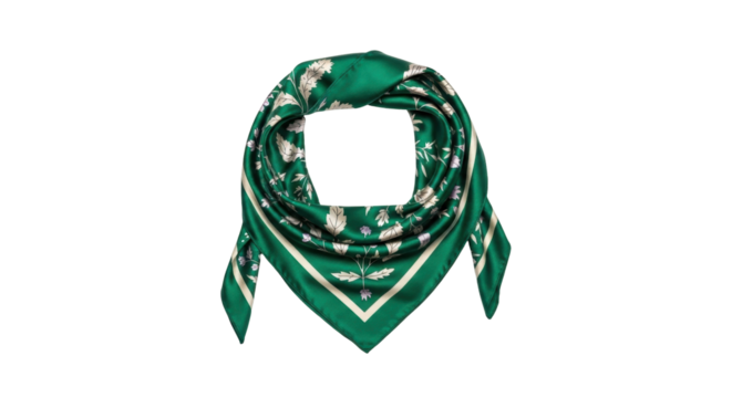 Isolated elegant green silk scarf, fashion accessory with botanical print and border pattern