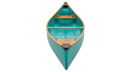 Isolated teal canoe shot straight on shows wood trim and seats on boat for summer activities