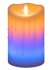 Electric flameless wax candle with purple and orange LED light on a transparent background
