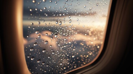 Experience the magic of flight with this window view, raindrops clinging to the glass as golden sunlight dances on the clouds, perfect for travel blogs and inspirational content
