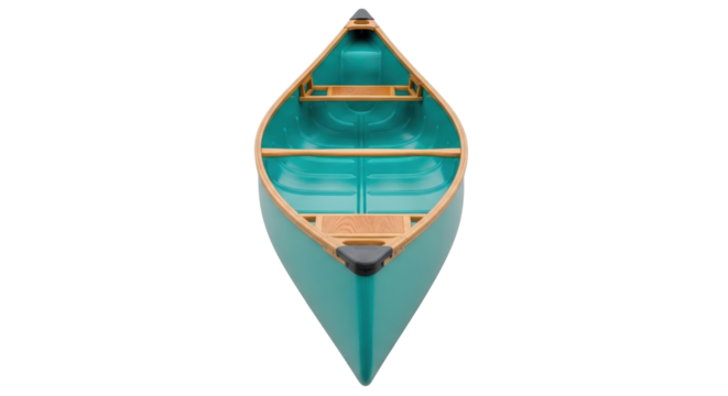 Isolated teal canoe shot straight on shows wood trim and seats on boat for summer activities
