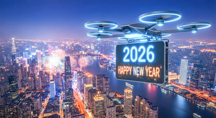 Drone delivering 2026 happy new year banner over vibrant night city with fireworks display isolated on white background, Vector