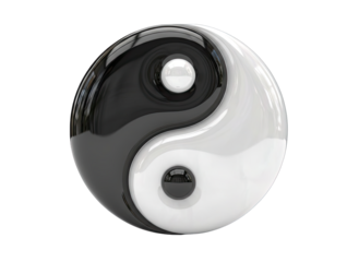 Glossy Black and White Yin Yang Symbol with Spheres and Reflections on Transparent Background Representing Balance and Harmony
