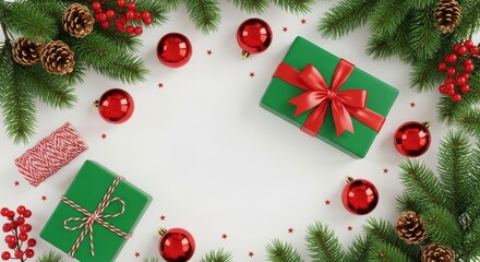 Christmas flat lay with green gift box and ornament