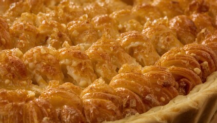 Showing glazed puff pastry rosettes filling tart in warm kitchen light, with crust, glaze, nuts
