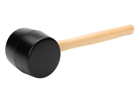 Black rubber mallet with wooden handle for construction and manual work on a transparent background