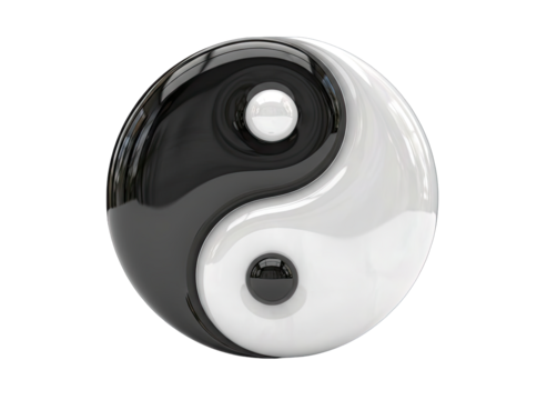 Glossy Black and White Yin Yang Symbol with Spheres and Reflections on Transparent Background Representing Balance and Harmony