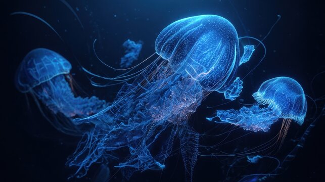 Colorful jellyfish swimming gracefully in the deep ocean under soft blue light