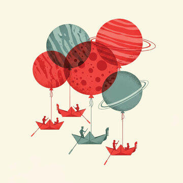 A surreal illustration of a flotilla of boats on a celestial voyage, lifted into the aether by colorful planetary balloons