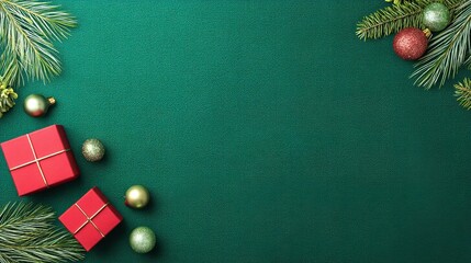Christmas background with red gift boxes, green branches, and festive decorations on a dark green background, suitable for social media posts, advertisements, and Christmas card concept designs.