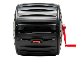 Rotating garden composter made of black plastic with red manual crank on a transparent background