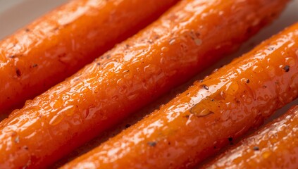 Displaying three roasted carrots with glossy glaze on plate edge in kitchen, with pepper and herbs