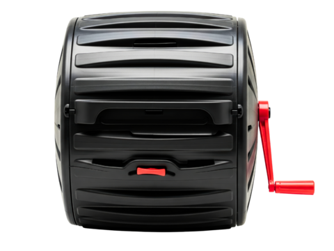Rotating garden composter made of black plastic with red manual crank on a transparent background