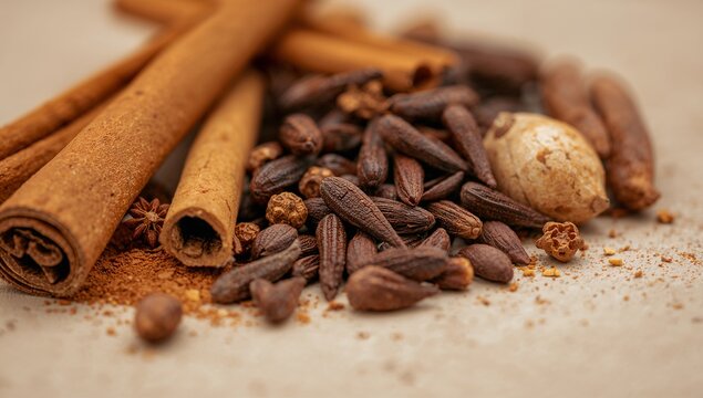 Displaying cluster of whole spices on counter with rolled cinnamon sticks dark pods and powder
