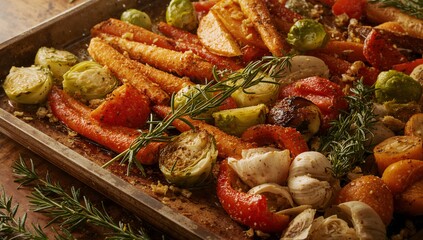 Roasting sheet showcasing roasted carrots, Brussels sprouts, garlic and rosemary on rustic tabletop