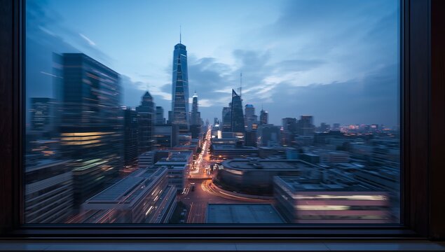 Framing urban skyline, floor-to-ceiling wooden window showing tower spire and light trails at dusk - Powered by Adobe