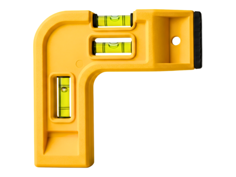 Yellow plastic post level tool with three bubbles for corners and pipes on a transparent background