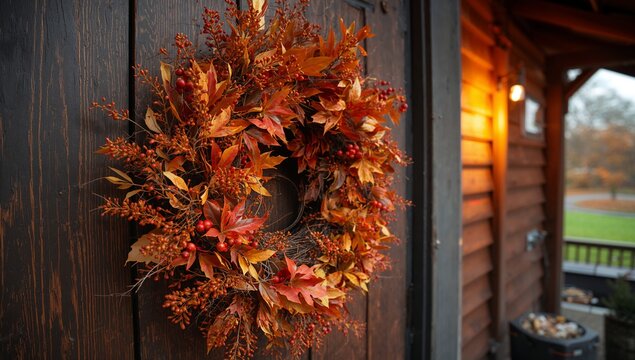 Hanging decorative autumn wreath on dark wooden door at house entry, with porch light, copy space